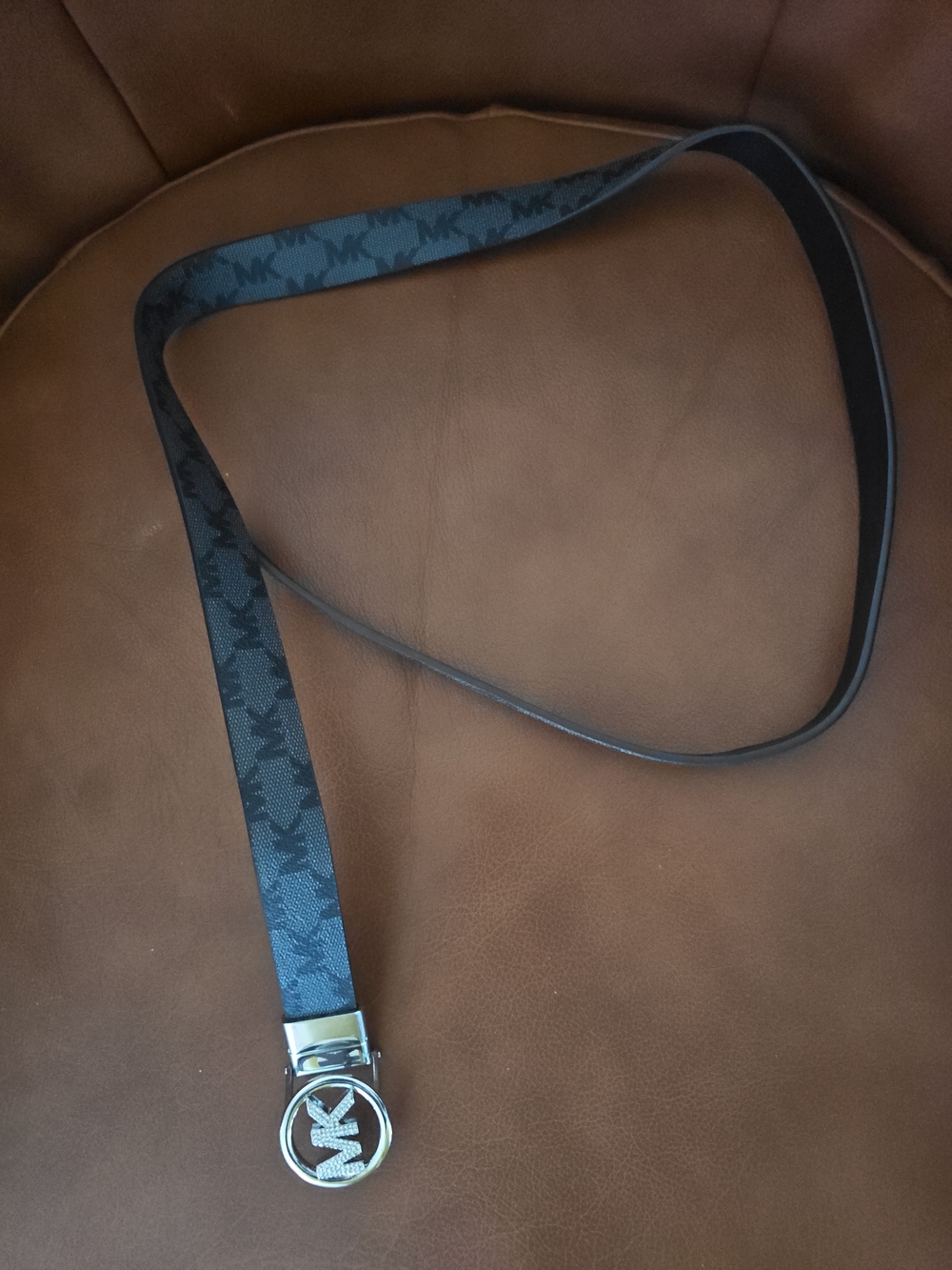 Michael Kors Black MK Monogram Strap Belt with Silver Round Logo Buckle